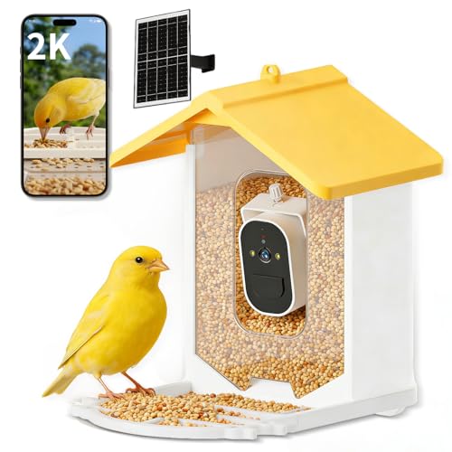 Smart Bird Feeder with Camera Solar Powered, 2K HD Live Video Bird Watching for Outside Garden, AI Identify 11000+ Species by Subscription, Instant Arrival Alerts, Gift for BirdLovers