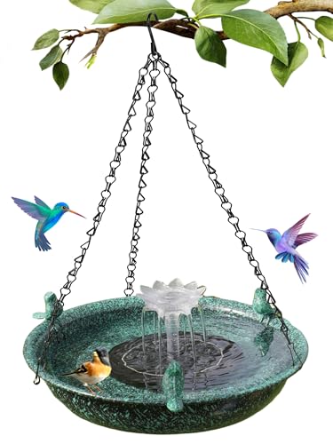 Yiabivo Hanging Bird Bath with Solar Fountain,Metal Hanging Bird Bath for Outside,Outdoor Bird Bath Bowl, for Outdoors Garden Patio Decor