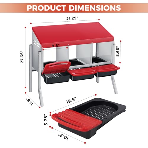 3 Hole Chicken Nesting Boxes, Weatherproof Galvanized Steel Chicken Egg Laying Box with Automatic Rollout Egg Collection, 2-in-1 Handle Perch, Easy Clean & Quick Assemble for Chicken Coop - color: Red, size: 3 holes with legs