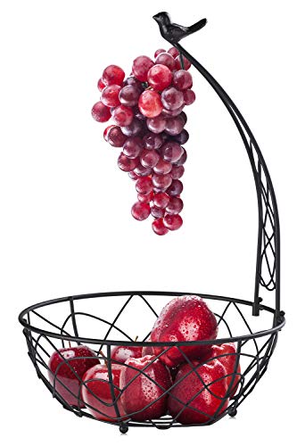 Buruis Metal Fruit Basket Bowl with Banana Holder, Bird Design, Black | Kitchen Countertop Organizer, 2-in-1 Fruit Storage Bowl, Banana Rack, Modern Kitchen Decor, Dining Table Centerpiece - color: Black