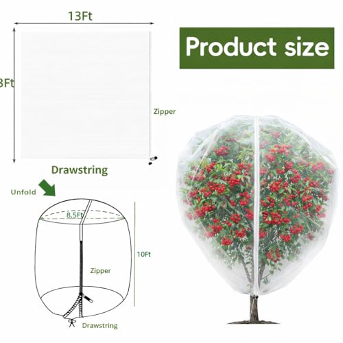 1Pack 13x13ft Large Fruit Tree Netting with Zipper and Drawstring – Anti-Insect, Anti-Bird Protection for Apple, Peach, Cherry Trees and Vegetables – Ideal for Home Gardens,Small Organic Farms - size: 13.1 X13.1ft