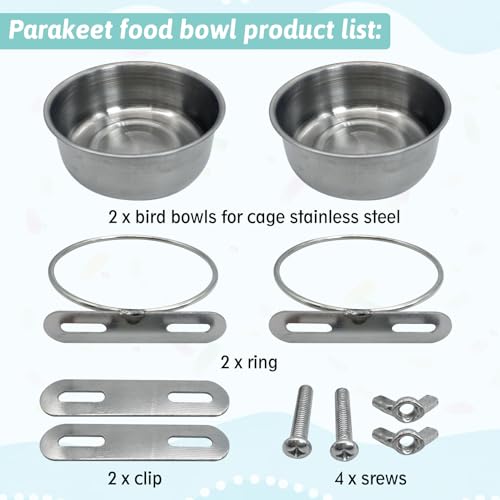 PINVNBY Stainless Steel Bird Bowl Parrot Food Water Bowls with Clamp Holder Bird Feeder Dish Cups Crate Bowls for Cockatiel Pigeons Conure Budgies African Greys (2PCS Screw Size: L)