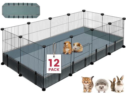 VISCOO 12 Panels Small Animal Playpen, 48" x 24" x 16" Guinea Pigs Cages | C&C Cage for Guinea Pigs with Waterproof Mat, Puppy Play Pen, Bunny Playpen, Indoor Outdoor Portable Metal Wire Yard Fence - color: Black, style: 12 Panels - 48"L x 24"W x 16"H