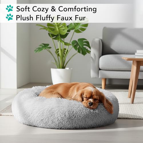 PetAmi Calming Donut Dog Bed, Washable Faux Fur, 23 Inch Small, Light Grey | Warm Shaggy Faux Fur and A Deep Nest Help Anxious Pets Curl Up and Sleep Soundly. Perfect for Puppies, Cats, and Rescues. - color: Light Gray, size: Small - 23"