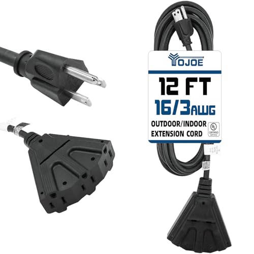 YOJOE 3-Outlets Indoor Outdoor Extension Cord, 3 Prong 13A Weatherproof Power Cord Multiple Outlets, 16 Gauge Heavy Duty 12 ft Black Extension Cord for Garage, Garden, 16/3 SJTW UL Certified - color: Black, size: 12 Foot, style: Standard