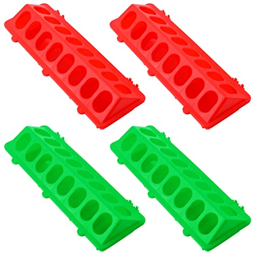 4 Pcs Plastic Flip Top Quail Feeder, Red, Green | Small Plastic Chicken Feeder, Quail Pigeon Duckling Drinker, No Mess No Waste, Multihole Birds Feeding Dish Dispense