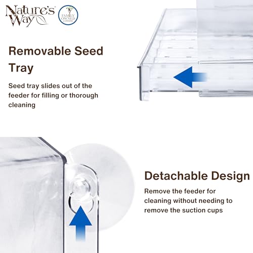 Nature’s Way Crystal Window Seed Feeder with 4 Secure Suction Cup Mount, Clear 2-Cup Capacity Hanging Bird Feeder for Close-Up Viewing, 6.5"