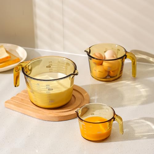 3-Piece Amber Glass Measuring Cup Set Kitchen Measuring Jug | Clear scale marking, match egg beater & flour measurer, dishwasher safe; 250ml,500ml,1000ml capacity - color: Amber