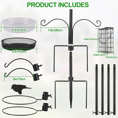4 Hook Bird Feeding Station Kit,75in Heavy Duty Shepherd Hooks for Outdoor,Birds Feeder Stand Pole with 5 Prong Base|Metal Suet Feeder|Birds Bath|Mesh Tray,Planter Hanger