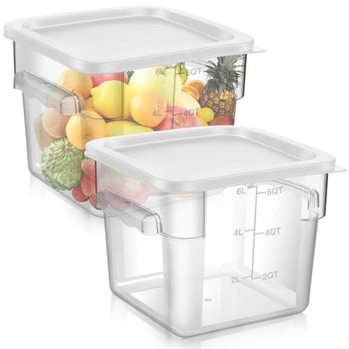 FoldTier 2 Pieces Square Food Storage Containers Polycarbonate Clear food Container with Lid Commercial Storage with Graduations for Commercial Kitchen Dough Marinating Meat(White,6 Qt) - color: White, size: 6 Qt