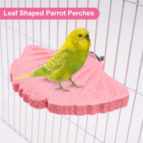 3 Pack Bird Beak Grinding Stone, Leaf Shape Birds Lava Ledge, Bird Cage Accessories Stand Platform for Budgies, Parakeets, Cockatiels, Conures - color: Yellow+Green+Rose Red