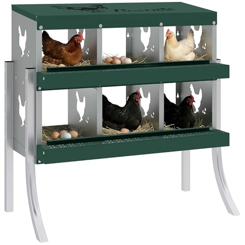 PawHut Chicken Nesting Boxes 6 Compartment for Hens Ducks, Silver | Two-Tier Egg Laying Boxes, Vented Holes, Easy Egg Collection, Metal Nesting Boxes for Chickens - size: 34.1"L x 18.9"W x 34.1"H, style: Roll Away