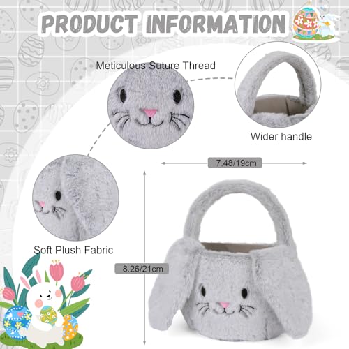 PRATIQUE Foldable Plush Easter Basket with Bunny Ears for Kids, Easter Egg Hunt Bucket with Handle, Cute Storage Bin for Candy, Toys & Gifts(Gery) - color: Gery
