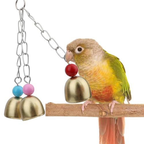 Hypeety Bird Bell Toy with Sweet Sound Cage Hanging Swing Bell for Parakeet | 3 brass bells with colorful beads, chewable for easy-hanging, encourages play and exercise, for small and medium bird, 7.09'' - color: Bell Toy-3 bells (B)