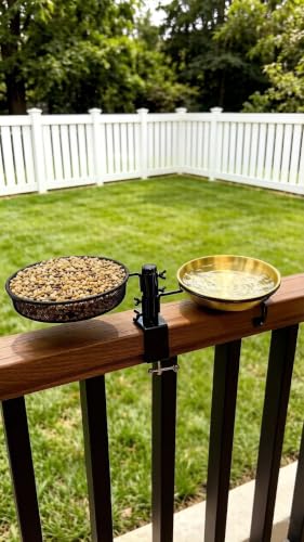 Railing Bird Feeder and Birdbath for Deck/Porch/Balcony 8" Platform Birdseed Tray Outdoor Rail Handrail Mount Metal Feeder and 8 inches Water Bowl for Wildbird Feeding