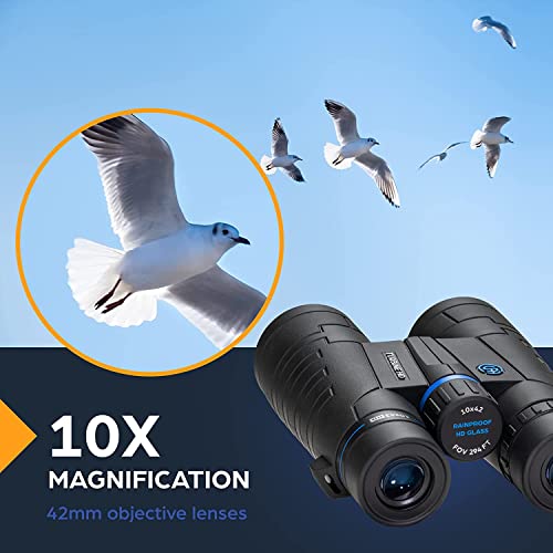 TSO Turbine HD 10x42 Roof Prism Binoculars for Adults, HD Glass with Multi-Coated Optics, 15.5mm Long Eye Relief, Rainproof Binoculars for Bird Watching, Hunting, Hiking, Travel & Wildlife Viewing