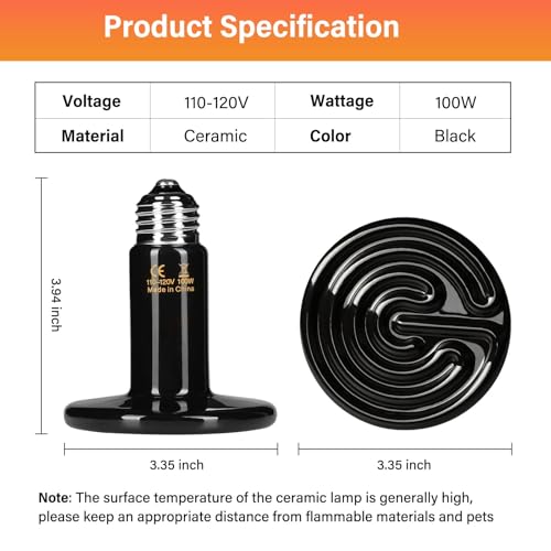 HealSmart Reptile Heat Lamp 100W 2-Pack Ceramic Heat Emitter, No Light Emitting Heat Bulbs for Amphibian Pet Brooder Coop Incubating Chicken, Lizard Bearded Dragon Turtle Snake Terrarium, Black - size: 100 Watts, style: D-85mm (3.35")