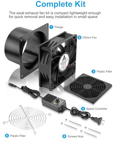 GDSTIME 120mm x 38mm 12V DC Axial Fan w/ 4 Inch Duct Flange Variable Speed | 110V 120V AC Powered, Dual Ball, Small Air Exhaust Fume Smoke Extractor Kit, for Soldering, 3D Printer Enclosure Ventilation - style: 1238 Fan + 1 Flange