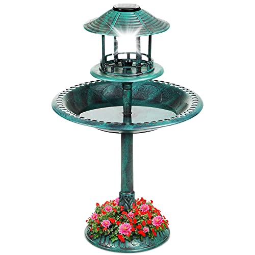 Best Choice Products Solar Outdoor Bird Bath Vintage Resin Pedestal Fountain Decoration for Yard, Garden w/Planter Base, Feeder, Decorative Bird Cage, Fillable Stand - Green - color: Green