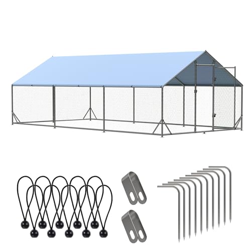 Outdoor Metal Chicken Coop, Metal Chicken Coop with Run,Walk-in Poultry Cage Spire-Shaped Chicken Run Small Animal Pens with Waterproof and Anti-UV Cover for Outside,Backyard and Farm,19.6'x9.8'x6.4' - size: 235.0"L x 118.0"W x 76.8"H