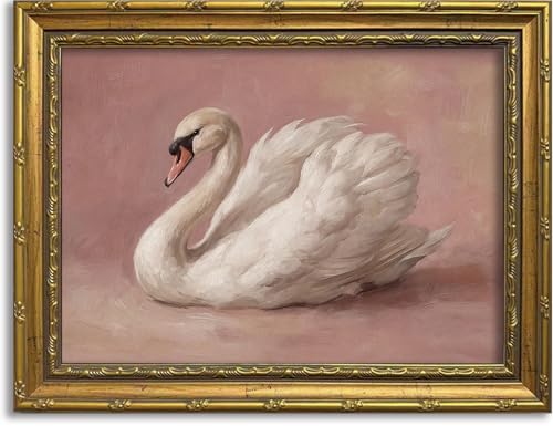 DR.RiftArt Pink Swan Wall Art Elegant Animal Painting Decor | Vintage Gold Framed Canvas Print Artwork, Farmhouse Wall Decor for Living Room Bedroom Office, 12x16 Inch - color: Pink Swan, size: 16"L x 12"W