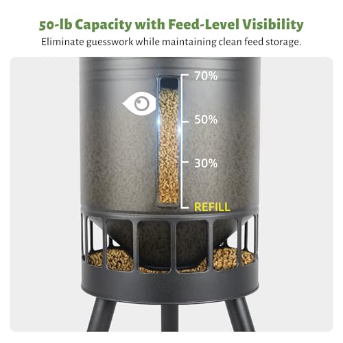 KOL 50LB Metal Chicken Feeder - No Waste, No Clog Design with 16 Ports & Smooth Gravity-Flow, Powder Coated Rust-Proof for Coop Use (Black) - color: Black