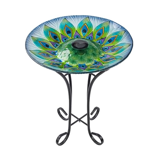 Teamson Home 17.8 in. Round Fusion Glass Birdbath, Multicolored | Peacock Design, Solar-Powered Light, Foldable Metal Stand, Ground Hook - color: Green Peacock, style: Solar