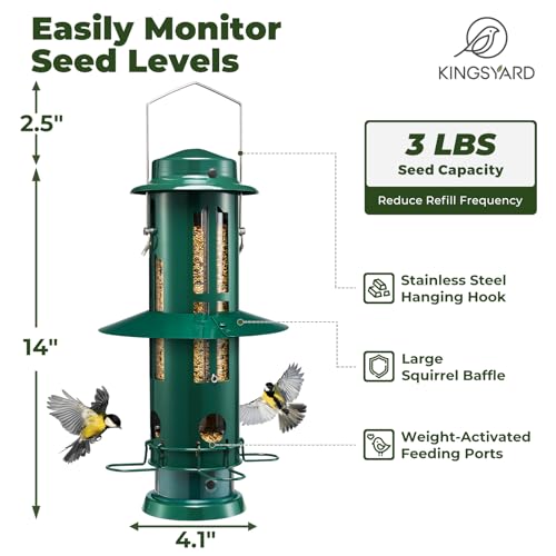 Kingsyard Squirrel Proof Bird Feeders for Outdoors Hanging | 4 Ports with Weight-Activated Perch, Chew-Proof Metal, Removable Easy-to-Clean Base, 3 lb Seed Capacity, Green - color: Dark Green