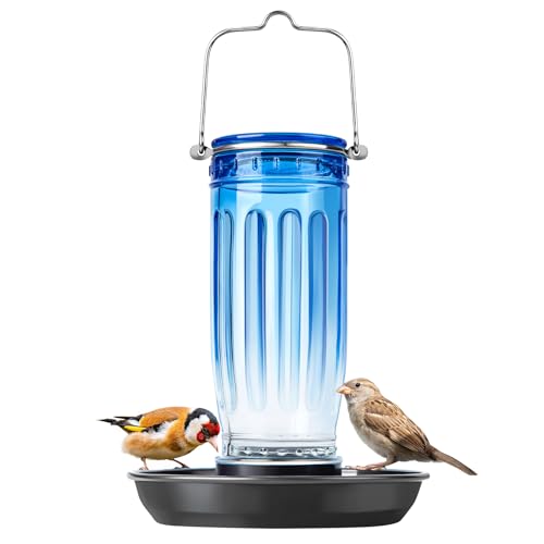Kingsyard Glass Bird Water Feeder for Outdoors, Hanging Bird Waterer | 16 oz Capacity, 360 Degree Perch, Wide-Mouth Opening, Metal Hanging Hook & Base, Easy to Clean & Refill, Blue