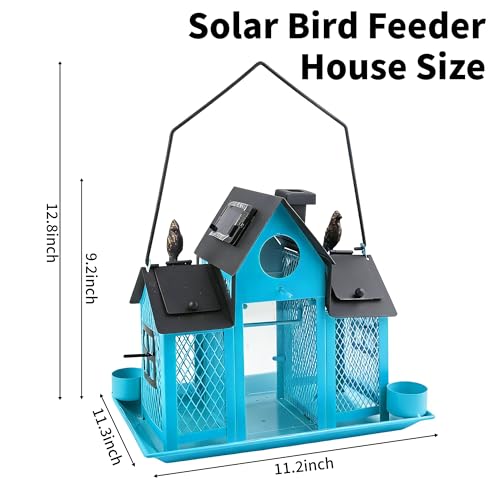 Solar Bird Feeders House for Outside Hanging, Metal Wild Bird Feeder for Outdoors Large Capacity Cardinal Birdfeeder Birdhouses Metal Bird Feeding Station Blue - color: blue