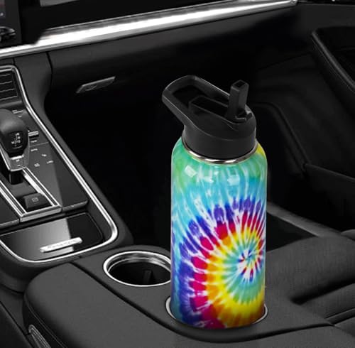 Tie-Dye Water Bottle with Straws Insulated Bottles Travel Thermal Double Walled Vacuum Cup Leak Proof Stainless Steel Tumbler Tie-Dye Lovers Decor Gifts-32 oz - color: Cyan blue yellow