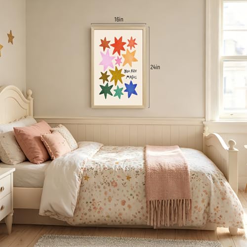 RLKHG Wood Framed You Are Magic Wall Art, Colorful Star Nursery Decor, Inspirational Cute Kids Room Poster Print, Playful Modern Rainbow Star Artwork for Children's Bedroom Playroom 16x24 Inch - color: Star, size: 24"L x 16"W