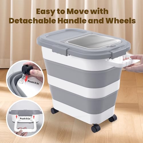 HOYTAMDA 25-35Lbs Rice Container,Collapsible Food Storage Container Wheels | Rice Storage Container with Airtight Locking Lid,Handle,Small Bin &Scoop,Rice Dispenser for Flour Sugar Cereal Grain Dog Cat - color: Grey/25-35lbs