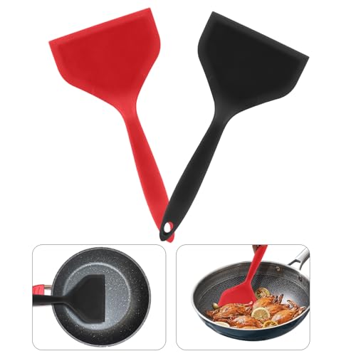 2Pcs Silica Gel Wok Spatula, Black & Red, Style 1 | Wide Pancakes Spatula, Nonstick Heat-Resistant, Pancake Shovel with Short Handle, For Cooking, Baking and Stir-Fry - color: Black & Red,Style 1