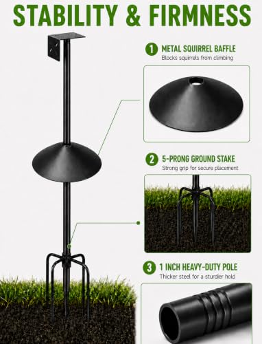 Bird Feeder Pole Kit with Squirrel Baffle, 76 Inch Heavy Duty Bird House Pole, 1-Inch Diameter Metal Bird Feeder Stand with Mounting Plate for Outdoor Smart Bird Feeders - size: 76in With baffle