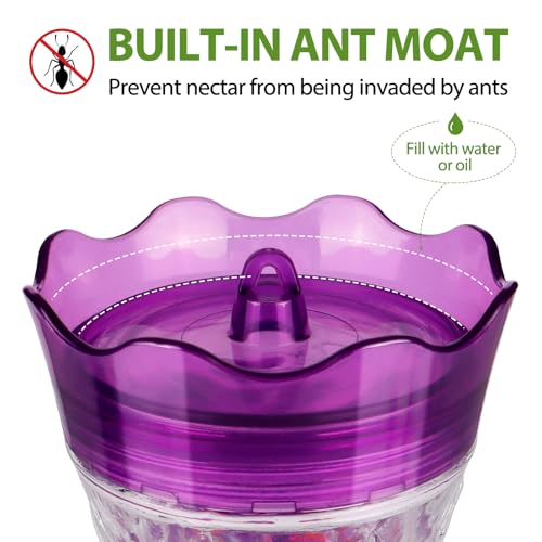 Glass Hummingbird Feeders for Outdoors, Built-in Ant Moat, Purple | 15oz, 4 Bee Guard Feeding Ports with Perches, Leak Proof, Stars Decor, Easy Refill & Clean, Gifts for Women Men Mom Dad - color: Purple