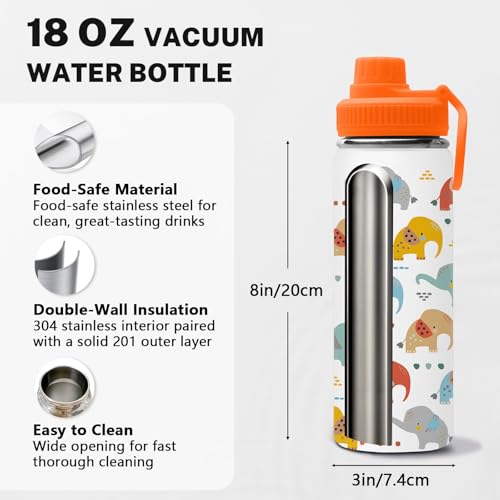 Elephant 18oz Water Bottle, with 2 Lids Handle, Insulated Sport Cup | 18oz Stainless Steel Tumbler, Reusable Leak proof Anti Slip Boot Mug, Christmas Birthday Gift for Elephant Lover Son - color: Elephant
