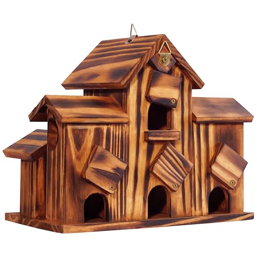 MIXUMON Wooden Bird Houses for Outside – 6 Rooms Multi-Chamber Bird House, Carbonized Pine Rustic Finish, 1.57" Entrance Holes, Cleaning Doors for Each Room, Decorative Outdoor Bird Nesting Box
