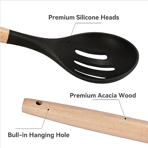 Non-Stick Silicone Cooking Utensils Set, 5 Pcs with Wooden Handle, Heat Resistant Silicone Kitchen Gadgets (Black) - color: 5 PCS Set Black