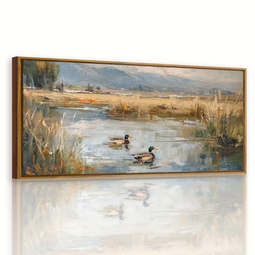 QTUSYUR Mallard Duck Pond Wall Art - Large Farmed Vintage Countryside Art Print -Wildlife Canvas Artwork for Farmhouse Cabin Bird Hunter- Rustic Lake Wild Ducks Wall Picture for Home Decor 20×40 IN - style: Mallard Duck