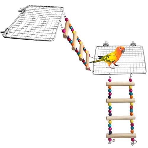 Parrot Climbing Playground Set, Stainless Steel and Wood, 2 Mesh Platforms and 2 Ladders, Modular Multi Cage Accessory for Small Parrots - color: Stainless Steel Natural Wood