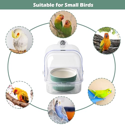 Bird Cage Feeder with Ceramic Bowl,2 in 1 No Mess Bird Feeder and Transparent Parakeet Bathtub with Bottom Drawer Hanging Tube Shower Box for Birds Budgies Parakeet Small Parrot Cockatiels - color: 【Transparent】