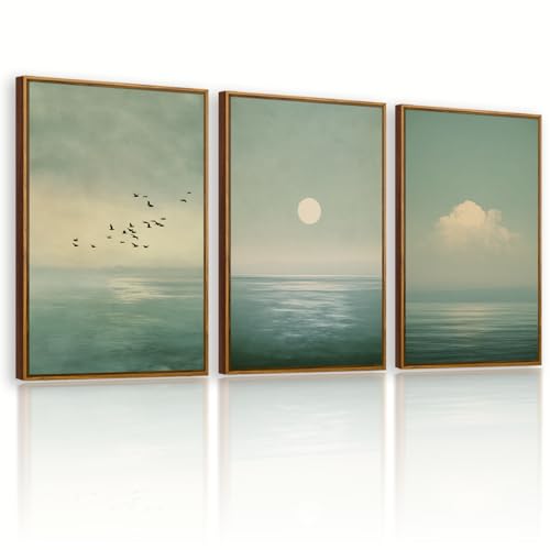 QTUSYUR Japandi Wall Art - Large Farmed Minimalist Sage Green Sunset Art Print - Abstract Calm Seascape Artwork for Bedroom Yoga Room - Scandinavian Zen Peaceful Wall Picture for Home Decor 16”×24”×3 - style: Seascape