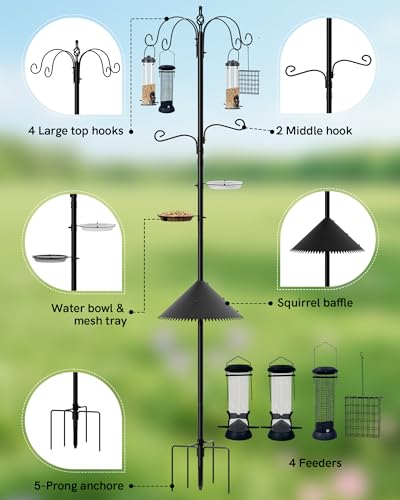 Bird Feeding Station, 94 Inch Wild Bird Feeders Pole with Wide Squirrel Baffle, 6-Hook, 4 Feeders, Water and Mesh Tray Humming Bird Feeders Stand for Outdoors Courtyards Gardens
