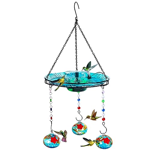 Hummingbird Feeder and Bird Bath for Outdoors 2-in-1 for Small Birds - Hummingbird Bath Fountain with 3 Red Feeder Pots - Hanging Solar Bird Bath Fountains NY1-FN04 - color: Blue