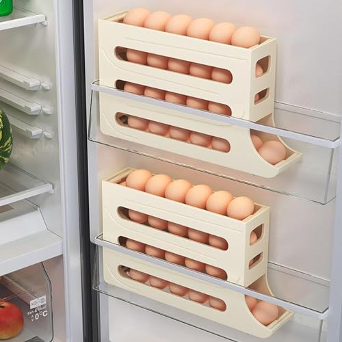 4 Tiers Egg Holder for Fridge， Automatic Egg Rolling Rack, 30 Eggs Storage Rack, Egg Distributor for Refrigerator, Egg Storage Rack for Kitchen (White)
