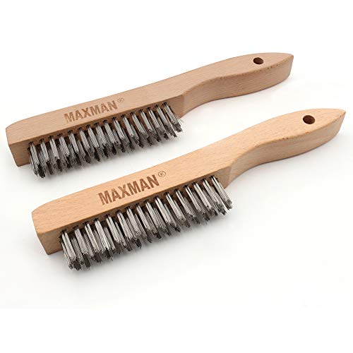 MAXMAN Wire Brush, Heavy Duty Stainless Steel Wire Brushes for Cleaning Rust, Grill Brush, Steel Brush for Paint Removal, Welding, Stiff Bristle Metal Brush with 10" Long Beech Handle, Large, 2Pcs - style: 2Pcs Stainless Steel Brushes