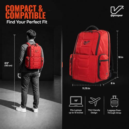 Gruv Gear Travel Laptop Backpack, 20L Red Tech Backpack with Modular Storage Shelves, Dual Access Pockets & TSA-Friendly Design, Compact Carry-On Backpack for Work, Travel & Everyday Carry - color: Red/Carbon Fiber