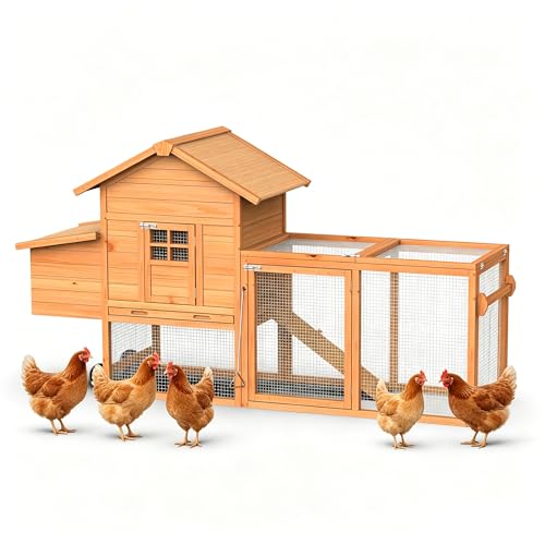 GOJOOASIS Portable Chicken Coop with Wheels & Handrail, Weatherproof Wooden Hen House, Removable Tray & Nesting Box, Ideal for Chickens, Ducks, Rabbits & Small Animals (80" Wood Top with Wheel)
