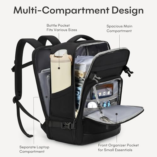 40L Travel Backpack for Women & Men: Flight Approved Carry On Backpack, TSA Personal Item Bag with Water Bottle Pocket, Weekender Essentials Backpacks fits 17" Laptop - Black - color: Black, size: X-Large